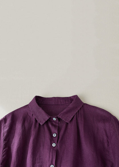 Women Purple Peter Pan Collar Button Linen Blouse Summer GG031 MZF-STP240610