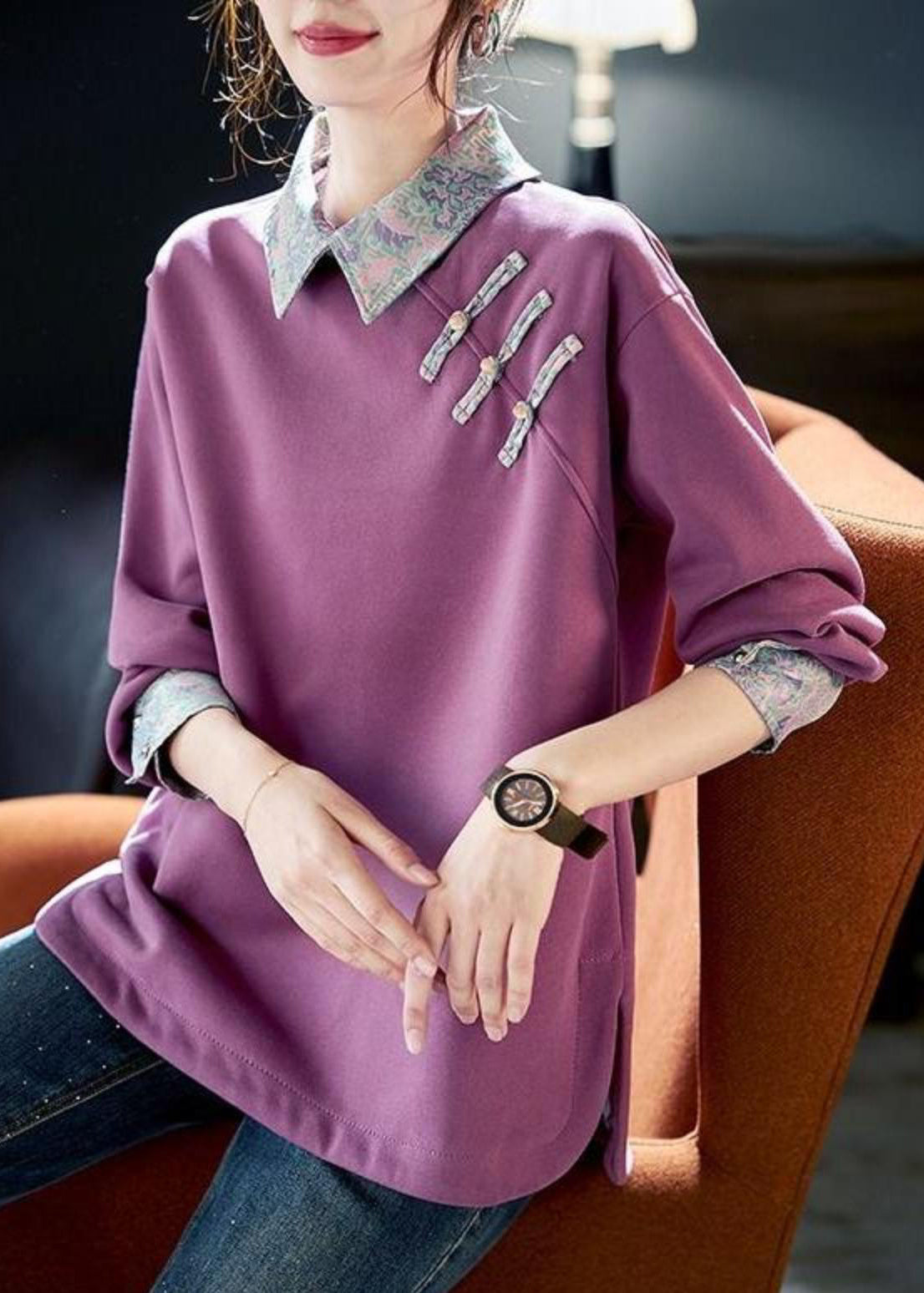 Women Purple Peter Pan Collar Patchwork Cotton Sweatshirts Spring RL047 ABC