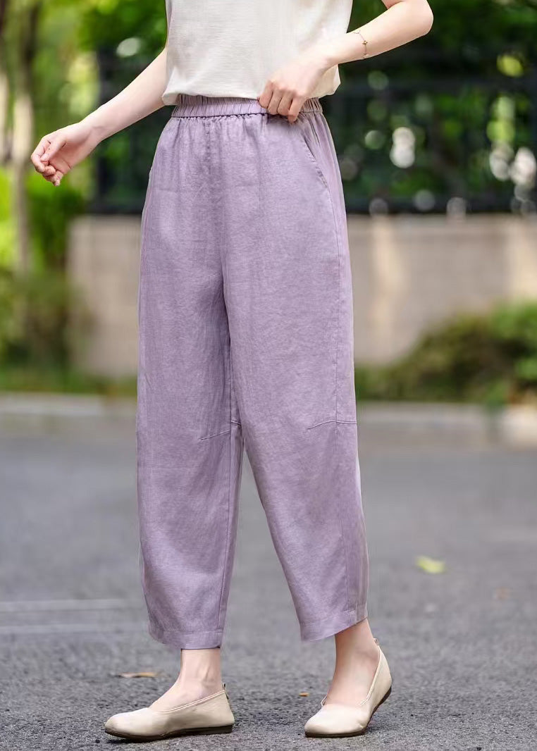 Elastic Pants Summer Pockets Women Waist Linen Crop Purple FashionChic