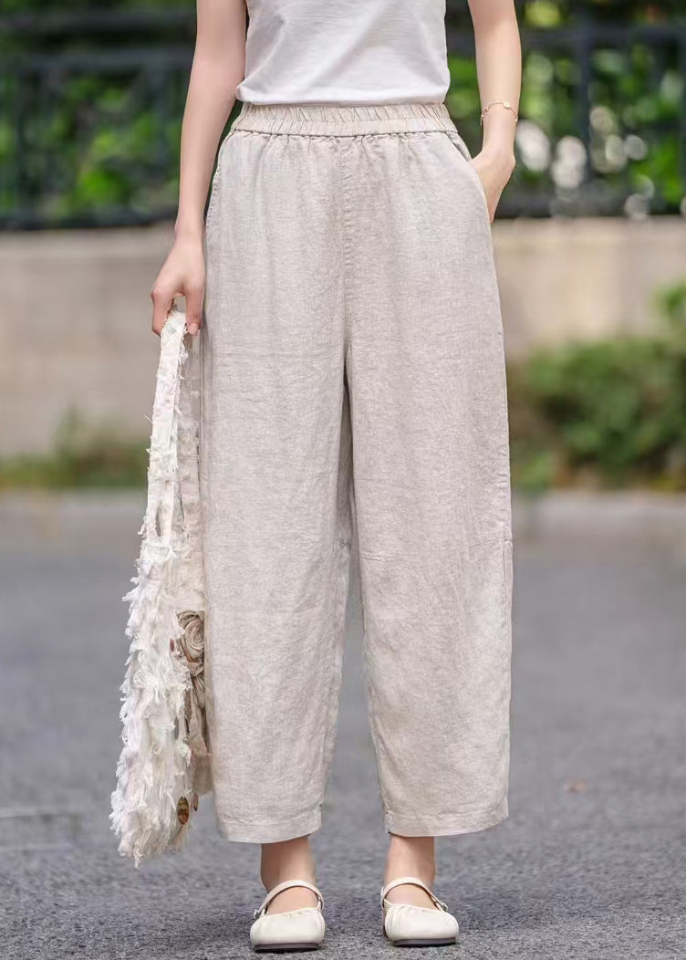 Elastic Pants Summer Pockets Women Waist Linen Crop Purple FashionChic