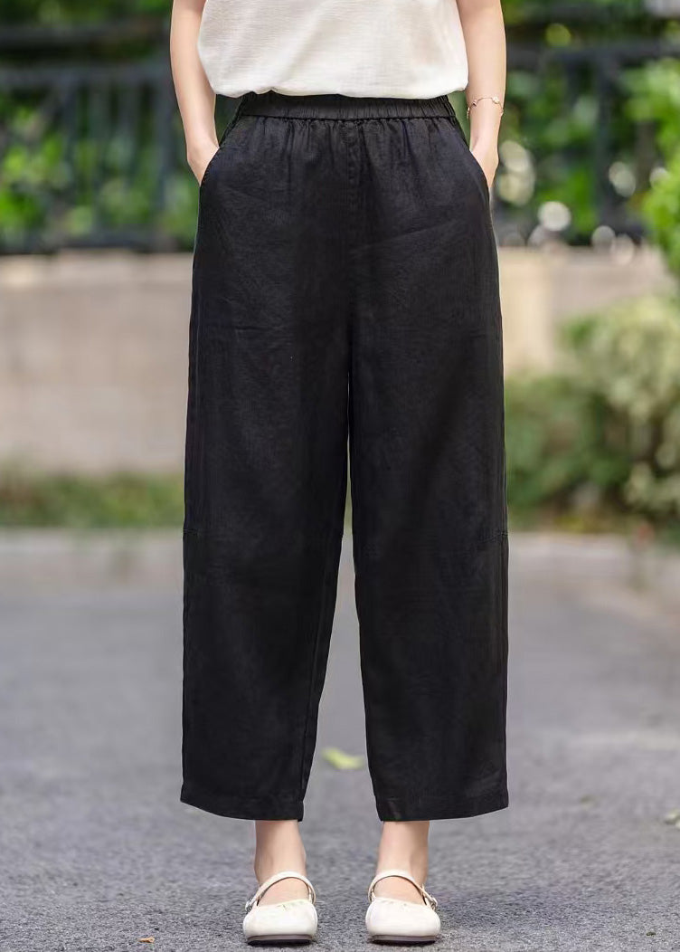 Elastic Pants Summer Pockets Women Waist Linen Crop Purple FashionChic