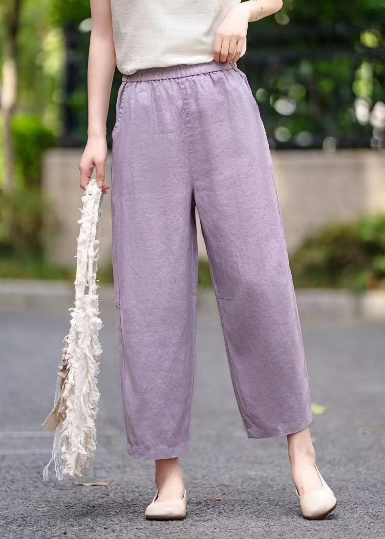 Elastic Pants Summer Pockets Women Waist Linen Crop Purple FashionChic