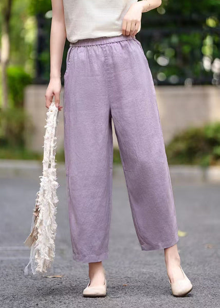 Elastic Pants Summer Pockets Women Waist Linen Crop Purple FashionChic