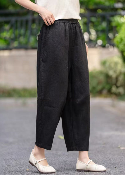 Elastic Pants Summer Pockets Women Waist Linen Crop Purple FashionChic