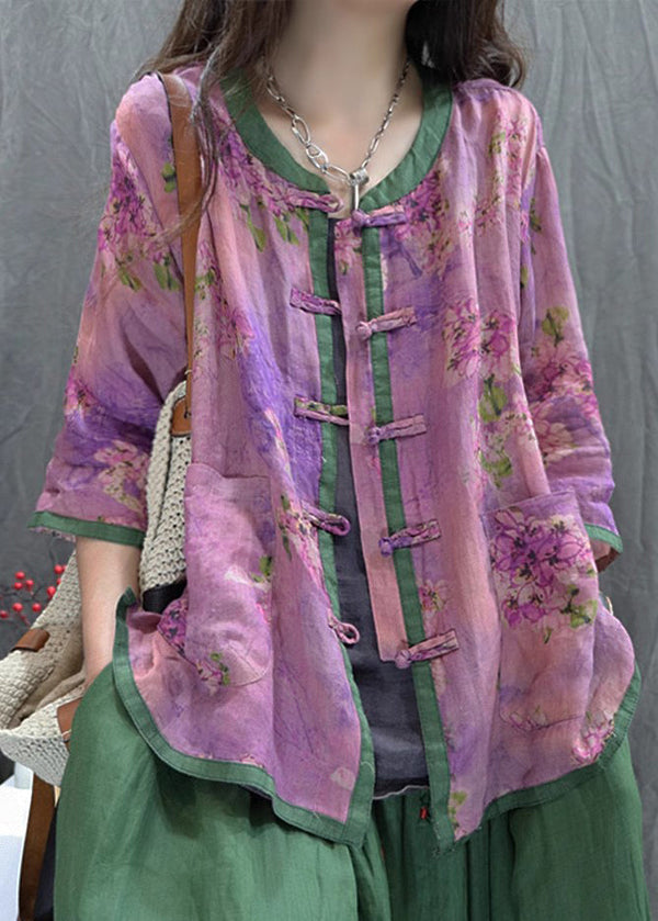 Women Purple Print Chinese Button Cotton Shirt Top Summer QK010 BB-HTP241022