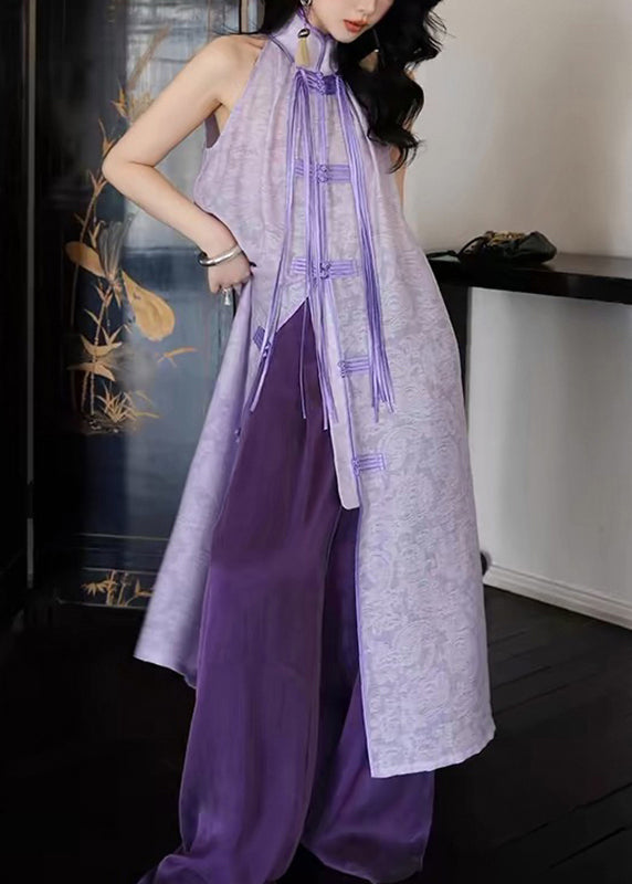 Women Purple Stand Collar Asymmetrical Button Tassel Maxi Dresses Summer UU1032 SH-LF-SDL240526