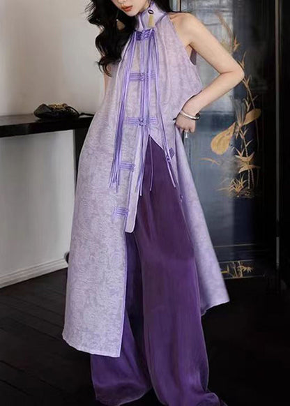 Women Purple Stand Collar Asymmetrical Button Tassel Maxi Dresses Summer UU1032 SH-LF-SDL240526