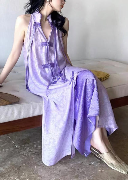 Women Purple Stand Collar Asymmetrical Button Tassel Maxi Dresses Summer UU1032 SH-LF-SDL240526