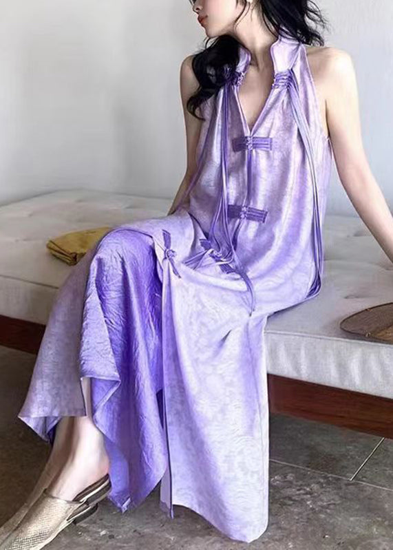 Women Purple Stand Collar Asymmetrical Button Tassel Maxi Dresses Summer UU1032 SH-LF-SDL240526