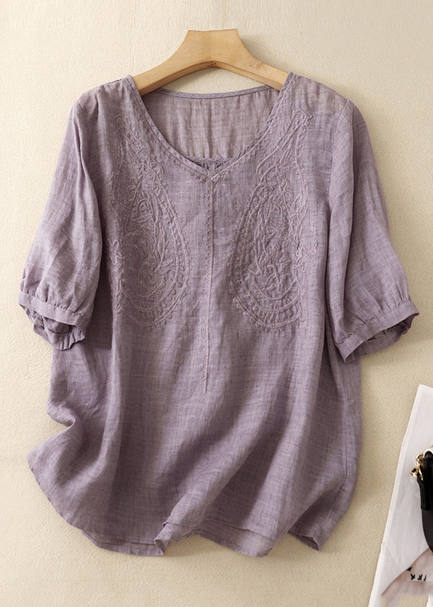 Women Purple V Neck Embroidered Linen T Shirt Summer GG016 MZF-STP240610