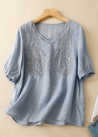 Women Purple V Neck Embroidered Linen T Shirt Summer GG016 MZF-STP240610