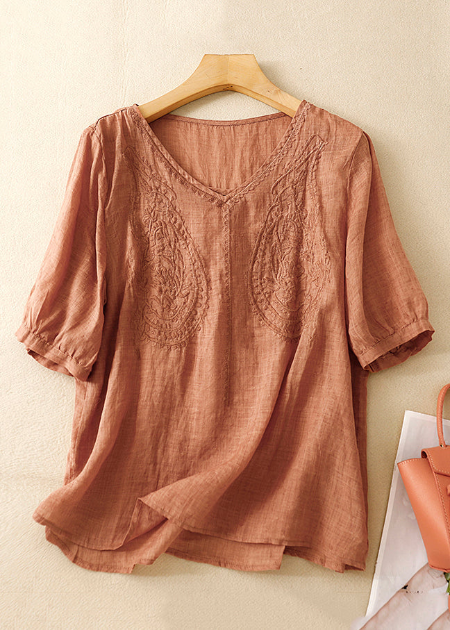 Women Purple V Neck Embroidered Linen T Shirt Summer GG016 MZF-STP240610