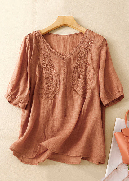 Women Purple V Neck Embroidered Linen T Shirt Summer GG016 MZF-STP240610