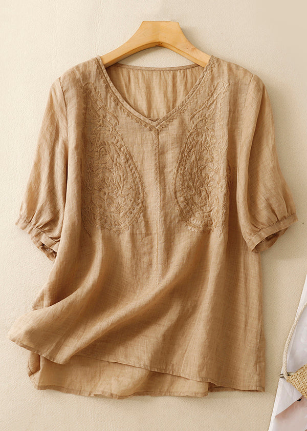 Women Purple V Neck Embroidered Linen T Shirt Summer GG016 MZF-STP240610