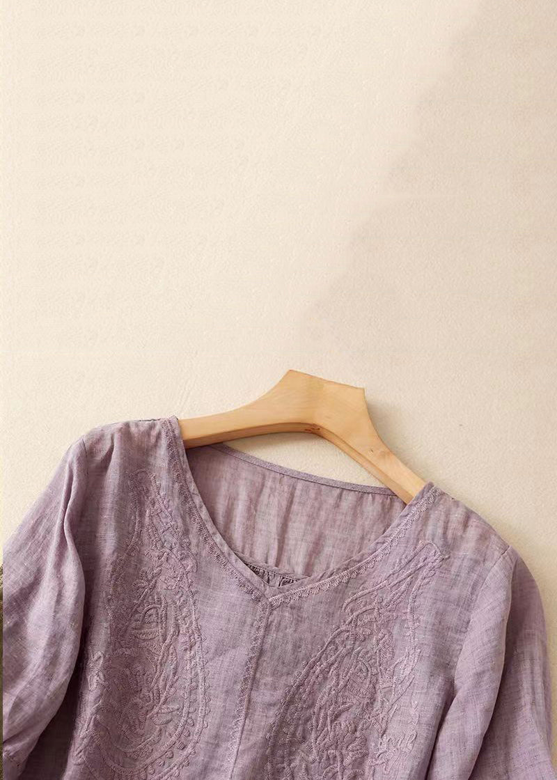 Women Purple V Neck Embroidered Linen T Shirt Summer GG016 MZF-STP240610