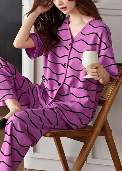 Two Neck Cotton Pieces Pockets Set V Striped Purple Women Pajamas FashionChic