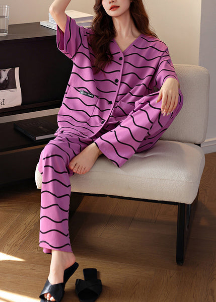 Two Neck Cotton Pieces Pockets Set V Striped Purple Women Pajamas FashionChic