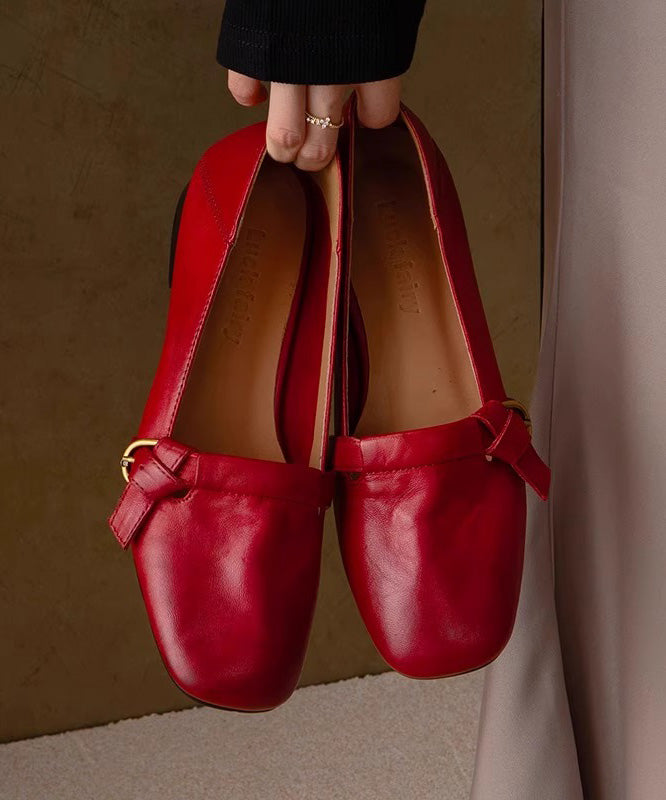 Comfy Chunky Red Shoes Leather Splicing Women Cowhide FashionChic