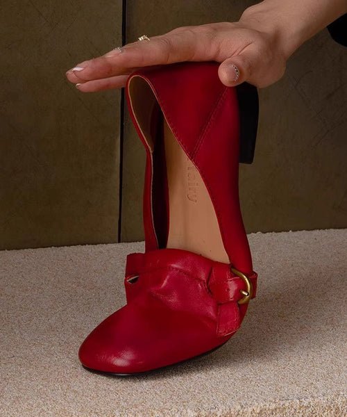 Comfy Chunky Red Shoes Leather Splicing Women Cowhide FashionChic