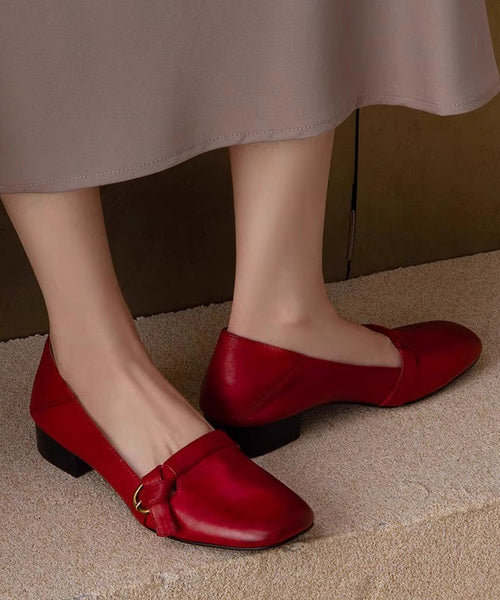 Comfy Chunky Red Shoes Leather Splicing Women Cowhide FashionChic