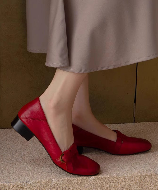 Comfy Chunky Red Shoes Leather Splicing Women Cowhide FashionChic