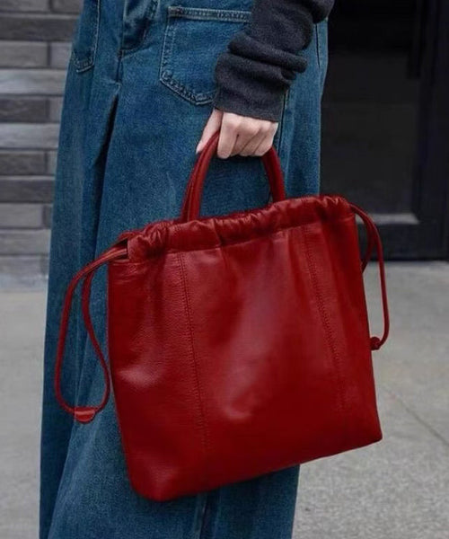 Women Large Drawstring Handbag Capacity Faux Satchel Leather Red FashionChic