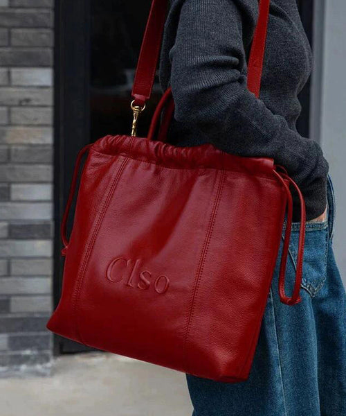 Women Large Drawstring Handbag Capacity Faux Satchel Leather Red FashionChic