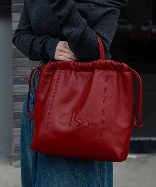 Women Large Drawstring Handbag Capacity Faux Satchel Leather Red FashionChic