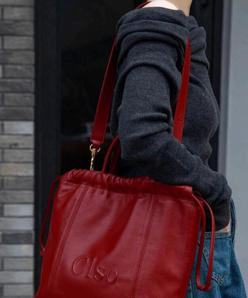 Women Large Drawstring Handbag Capacity Faux Satchel Leather Red FashionChic