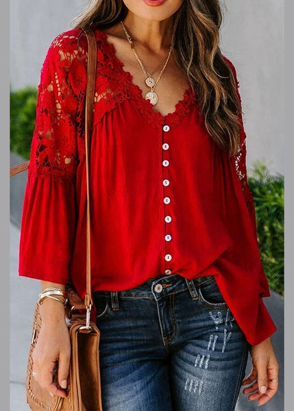 Top Lace Patchwork Solid Red Fall Women FashionChic