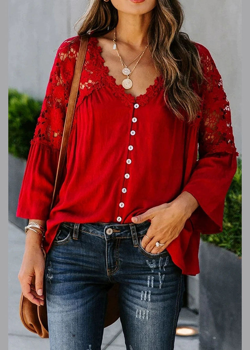 Top Lace Patchwork Solid Red Fall Women FashionChic