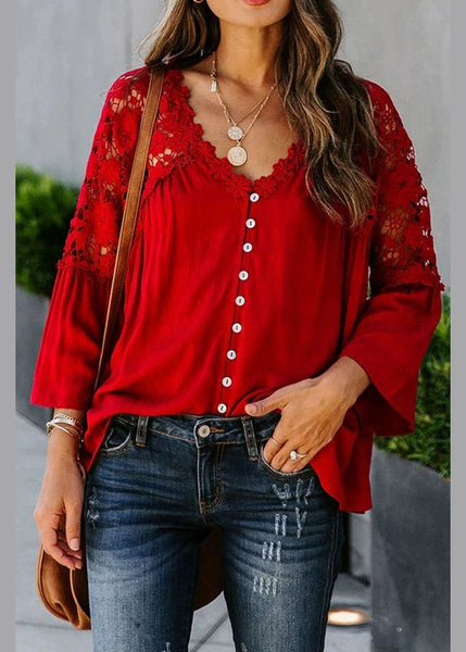 Top Lace Patchwork Solid Red Fall Women FashionChic