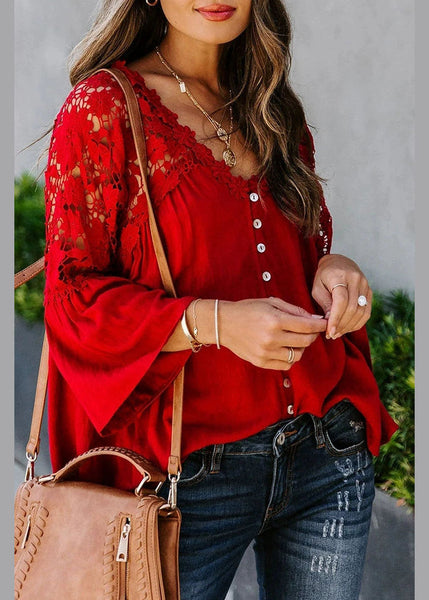 Top Lace Patchwork Solid Red Fall Women FashionChic