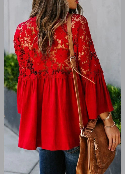 Top Lace Patchwork Solid Red Fall Women FashionChic
