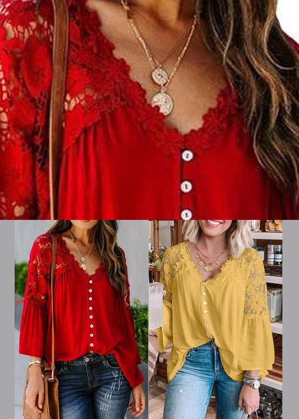 Top Lace Patchwork Solid Red Fall Women FashionChic