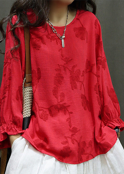 O Sleeve Linen Lantern Women Neck Red Tops Shirt Embroidered FashionChic
