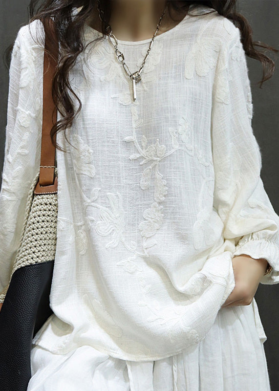 O Sleeve Linen Lantern Women Neck Red Tops Shirt Embroidered FashionChic