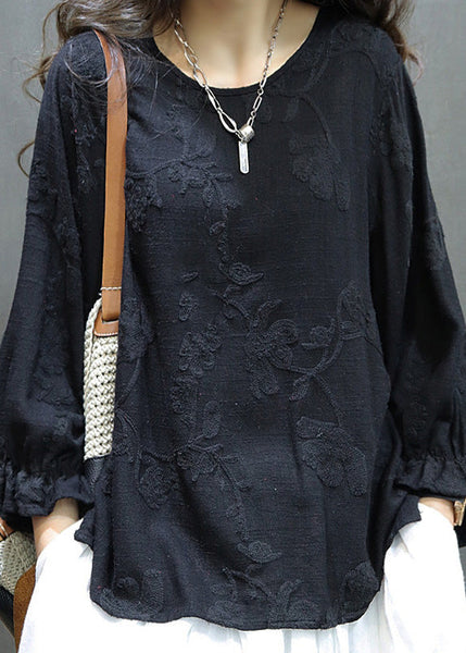 O Sleeve Linen Lantern Women Neck Red Tops Shirt Embroidered FashionChic