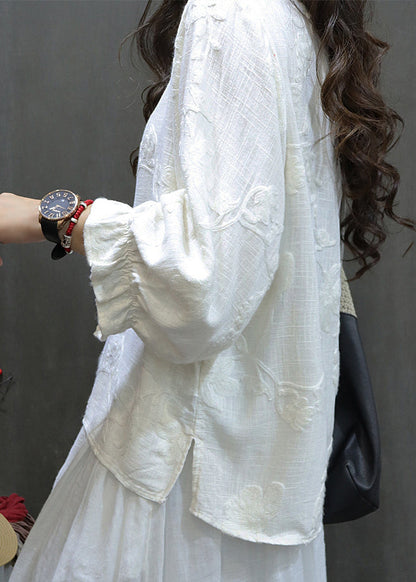 O Sleeve Linen Lantern Women Neck Red Tops Shirt Embroidered FashionChic