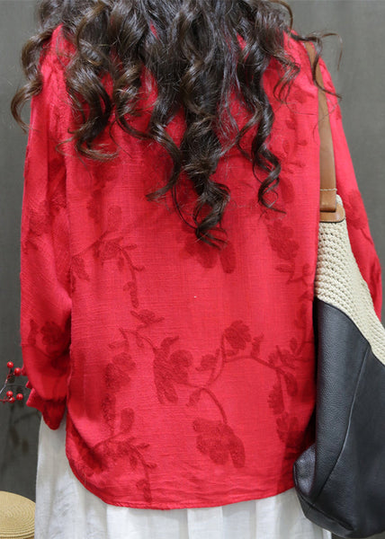 O Sleeve Linen Lantern Women Neck Red Tops Shirt Embroidered FashionChic