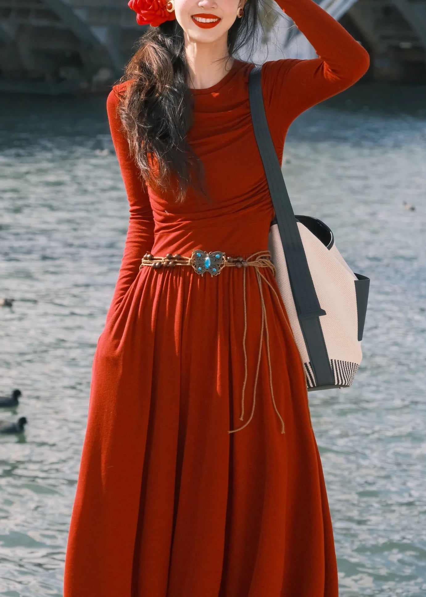 Women Red O-Neck Pockets Cotton Long Dress Spring YT032 ABC