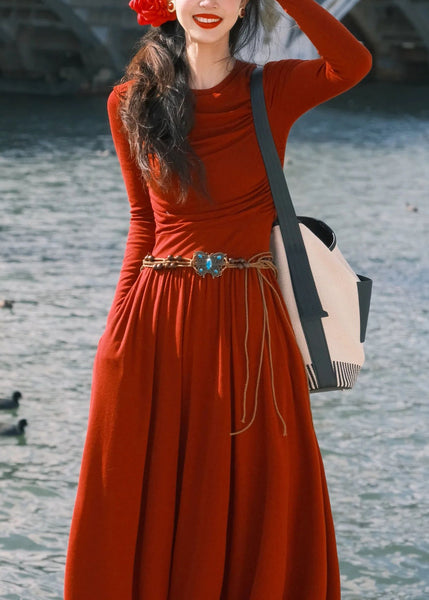 Women Red O-Neck Pockets Cotton Long Dress Spring YT032 ABC