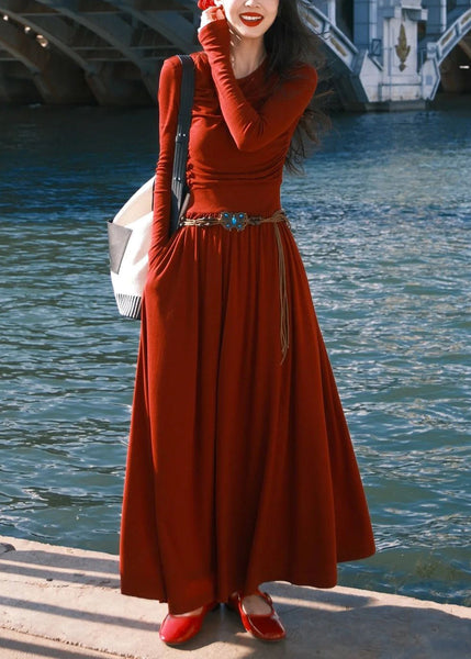 Women Red O-Neck Pockets Cotton Long Dress Spring YT032 ABC