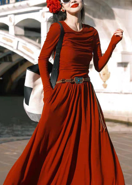 Women Red O-Neck Pockets Cotton Long Dress Spring YT032 ABC