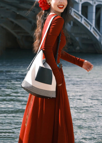 Women Red O-Neck Pockets Cotton Long Dress Spring YT032 ABC