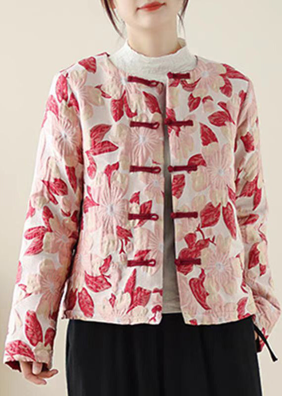 Women Red O Neck Print Button Pockets Thick Coats Winter QO033 MZF-DJK241008