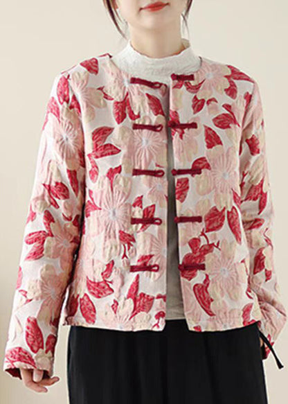 Women Red O Neck Print Button Pockets Thick Coats Winter QO033 MZF-DJK241008