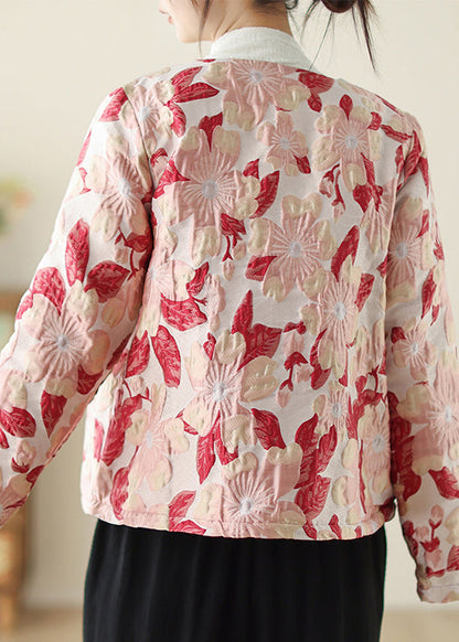 Women Red O Neck Print Button Pockets Thick Coats Winter QO033 MZF-DJK241008