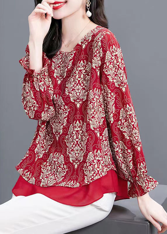 Women Red O Neck Print Patchwork Chiffon Blouses Flare Sleeve OP1066 Ada Fashion