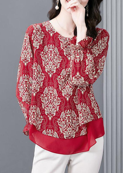 Women Red O Neck Print Patchwork Chiffon Blouses Flare Sleeve OP1066 Ada Fashion